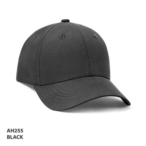 A black premium Rpet cap with a curved peak and an adjustable strap at the back. It features a logo.