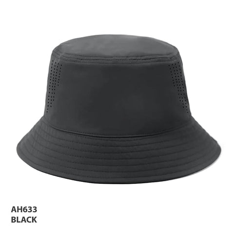 A black bucket hat with ventilation holes and a stitched brim. It features a logo on the exterior.