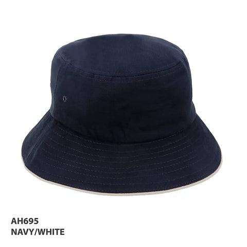 A navy and white bucket hat featuring a branded logo and a wide brim.