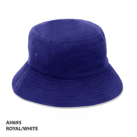 A royal blue and white bucket hat featuring a logo, designed for casual headwear.