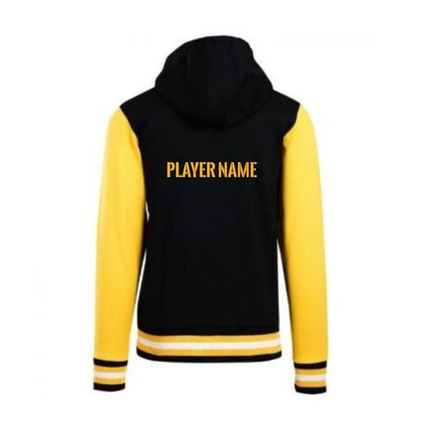 Ladies Hooded Varsity Jacket Gold Black Back View