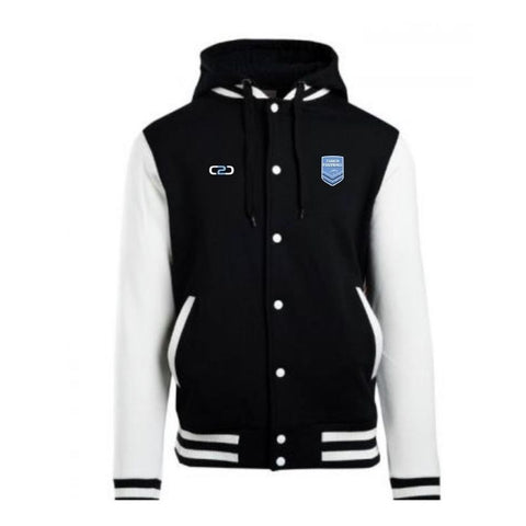 Varsity Hooded Jacket Mens Black White Front View